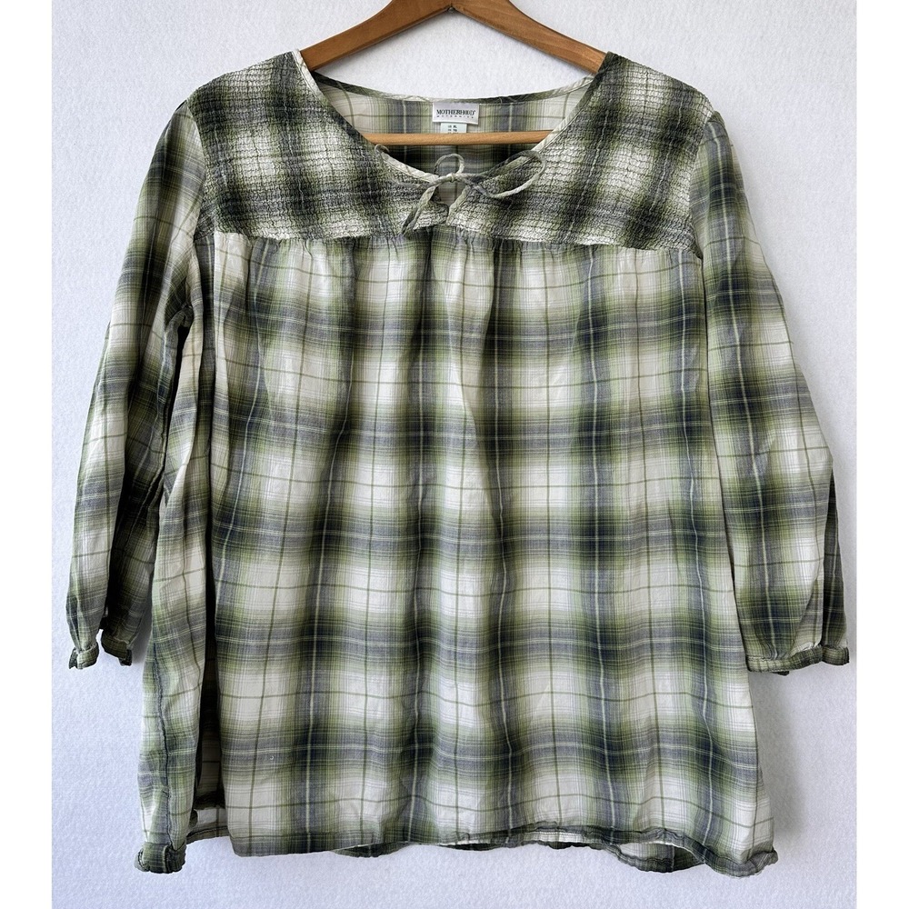 Motherhood Maternity Smocked Top Green Plaid Soft Comfort XL